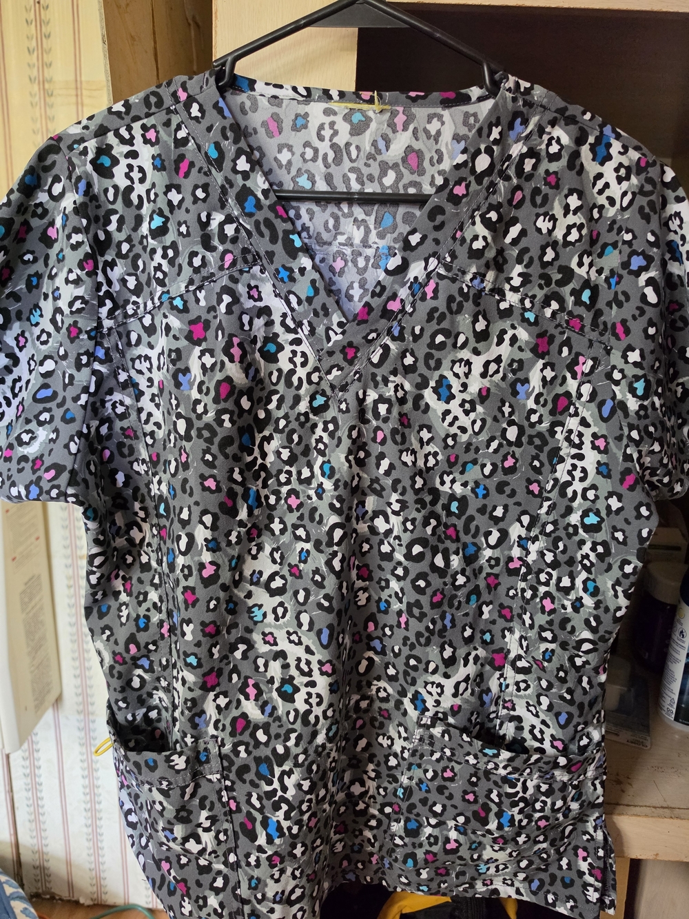 Wink Gray Leopard Print V-Neck Top with Pink & Blue Accents